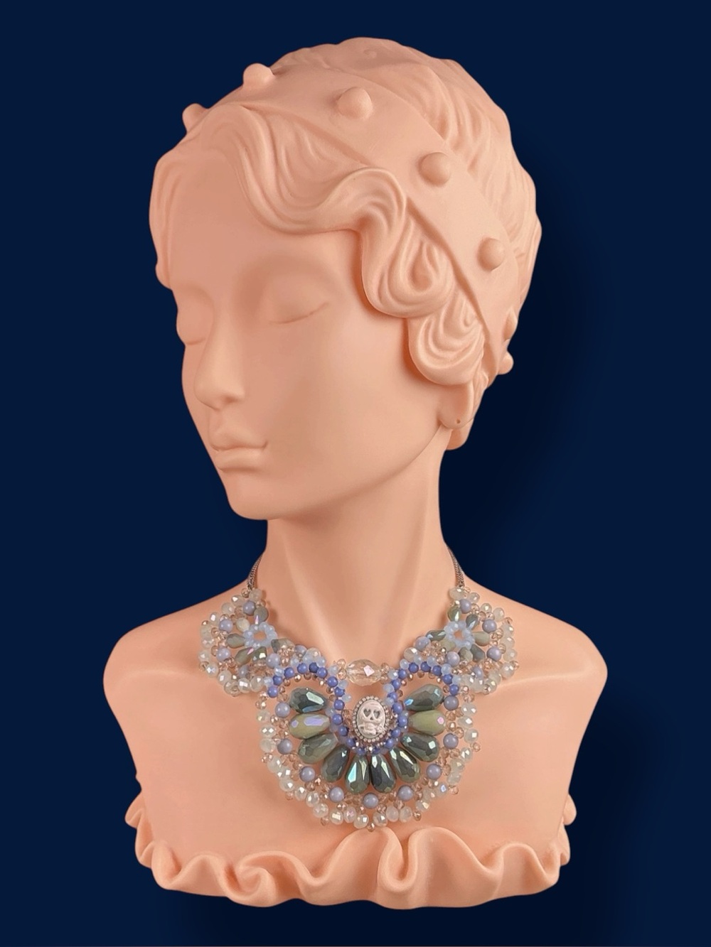 Vintage Betsey Johnson Necklace Blue Silver Bib Beaded Skull Glam Statement Y2K